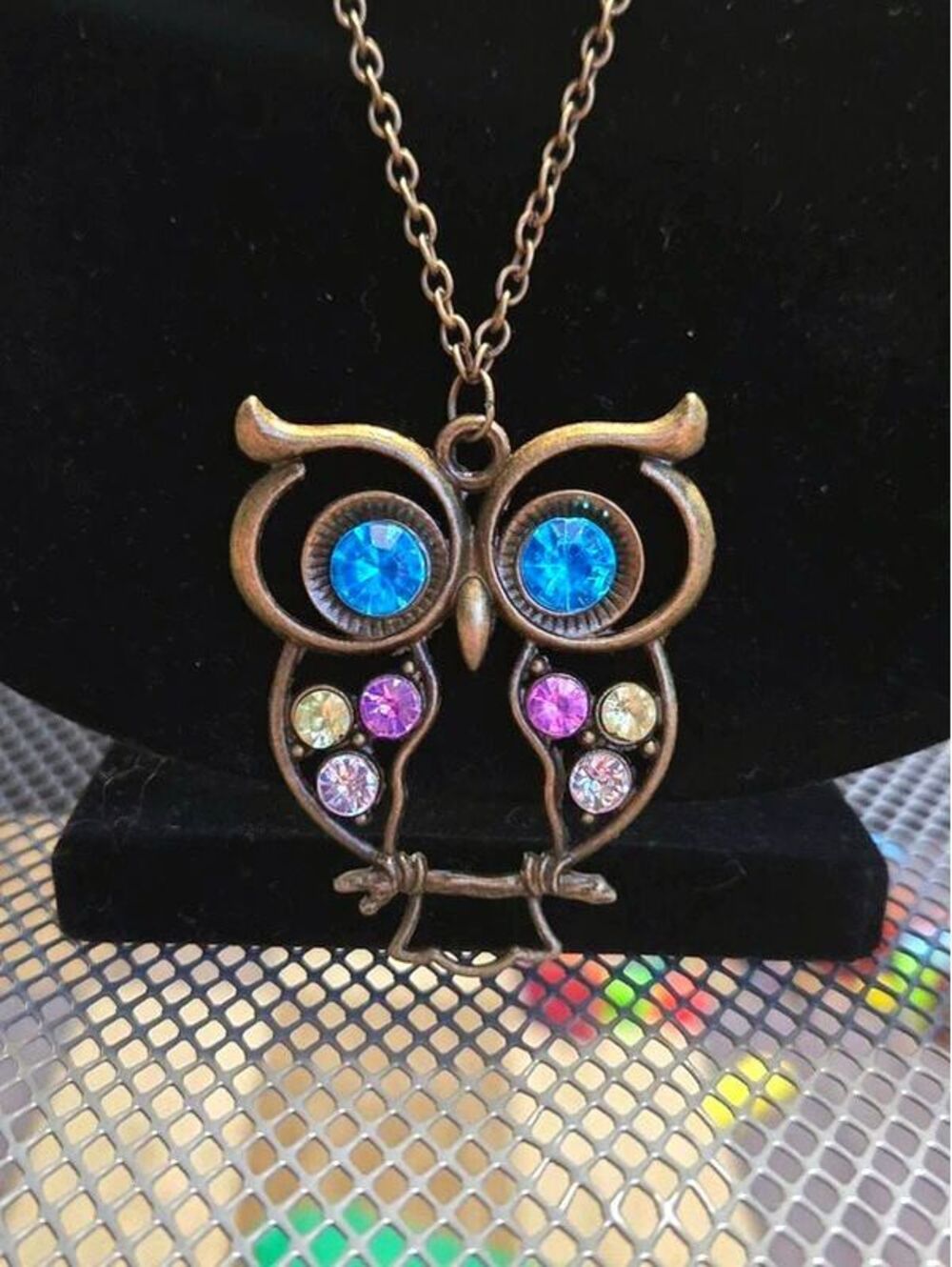 Vintage Bronze Owl Pendant Necklace with Blue and Multicolor Rhinestone Crystals